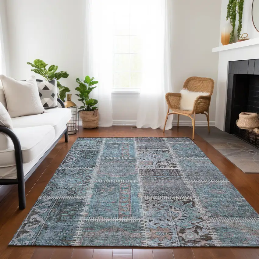 Teal Blue Aqua And Beige Patchwork Washable Indoor Outdoor Area Rug Photo 8