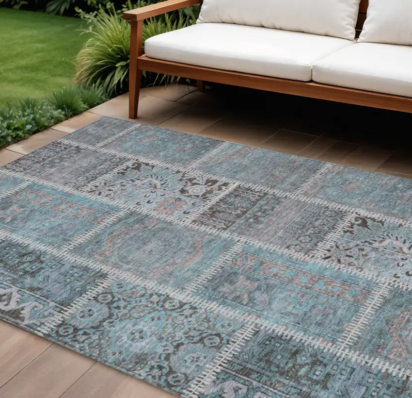 Teal Blue Aqua And Beige Patchwork Washable Indoor Outdoor Area Rug Photo 1