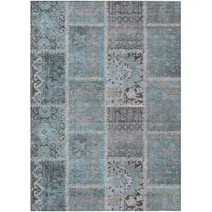 Photo of Teal Blue Aqua And Beige Patchwork Washable Indoor Outdoor Area Rug
