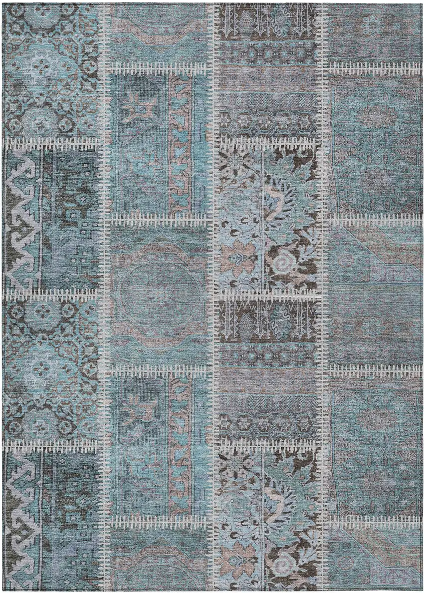 Teal Blue Aqua And Beige Patchwork Washable Indoor Outdoor Area Rug Photo 1