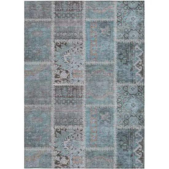 Teal Blue Aqua And Beige Patchwork Washable Indoor Outdoor Area Rug Photo 4