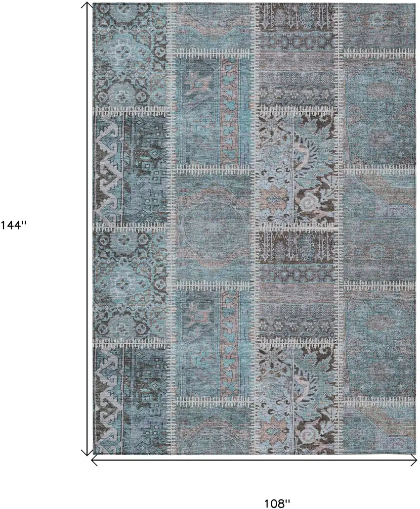 Teal Blue Aqua And Beige Patchwork Washable Indoor Outdoor Area Rug Photo 9