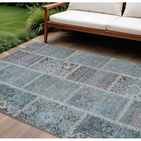 Teal Blue Aqua And Beige Patchwork Washable Indoor Outdoor Area Rug Photo 1