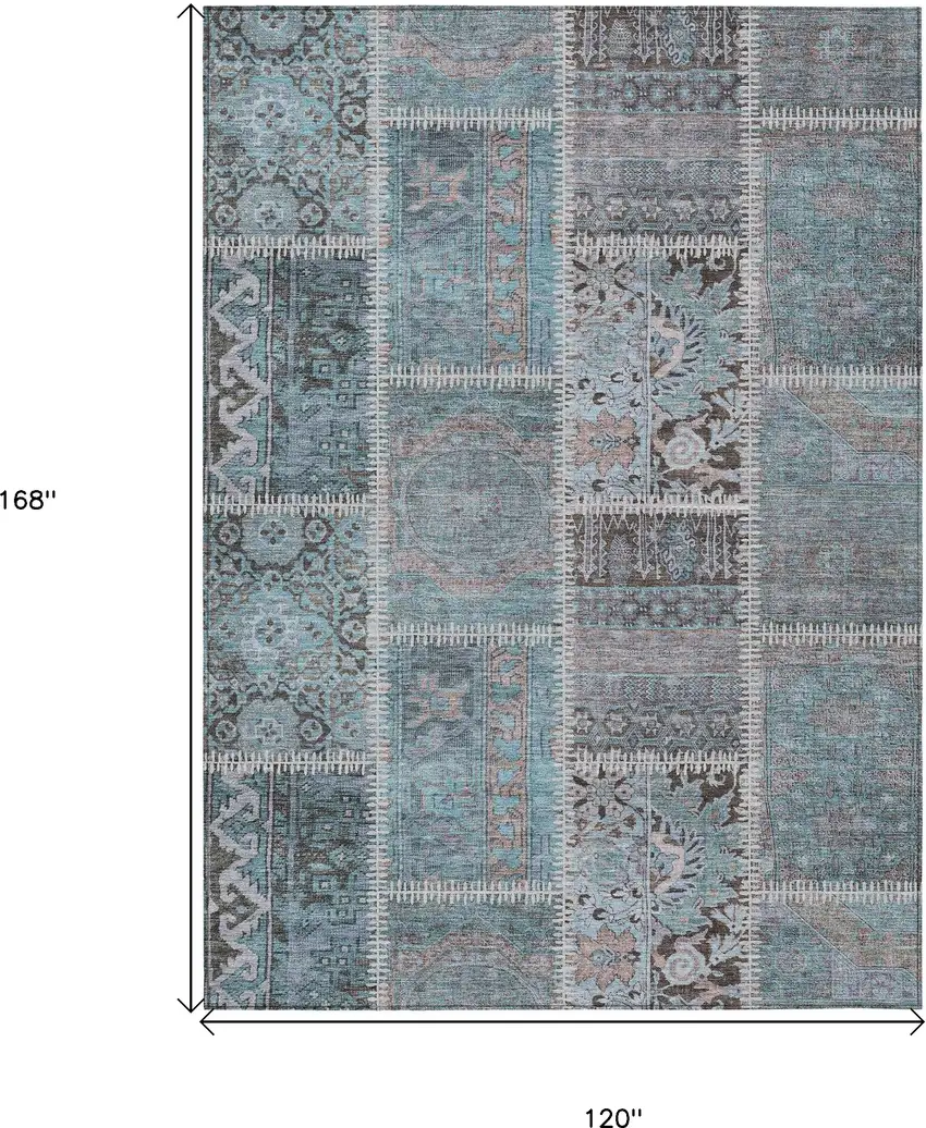 Teal Blue Aqua And Beige Patchwork Washable Indoor Outdoor Area Rug Photo 3