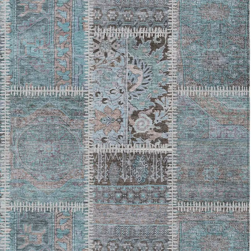 Teal Blue Aqua And Beige Patchwork Washable Indoor Outdoor Area Rug Photo 4