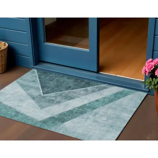 Teal Blue Aqua And Blue Geometric Washable Indoor Outdoor Area Rug Photo 1