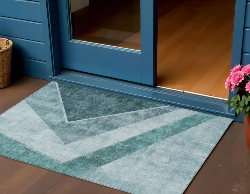 Teal Blue Aqua And Blue Geometric Washable Indoor Outdoor Area Rug Photo 1