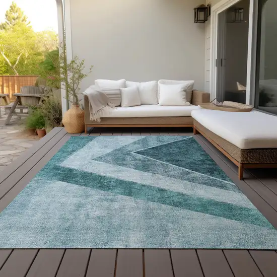 Teal Blue Aqua And Blue Geometric Washable Indoor Outdoor Area Rug Photo 9
