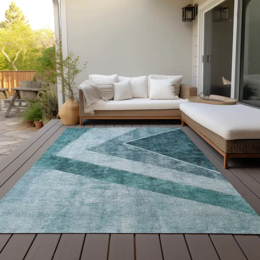 Teal Blue Aqua And Blue Geometric Washable Indoor Outdoor Area Rug Photo 9