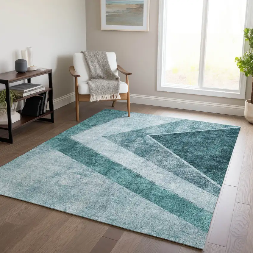 Teal Blue Aqua And Blue Geometric Washable Indoor Outdoor Area Rug Photo 9