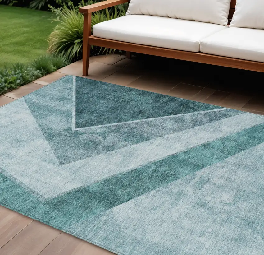 Teal Blue Aqua And Blue Geometric Washable Indoor Outdoor Area Rug Photo 1