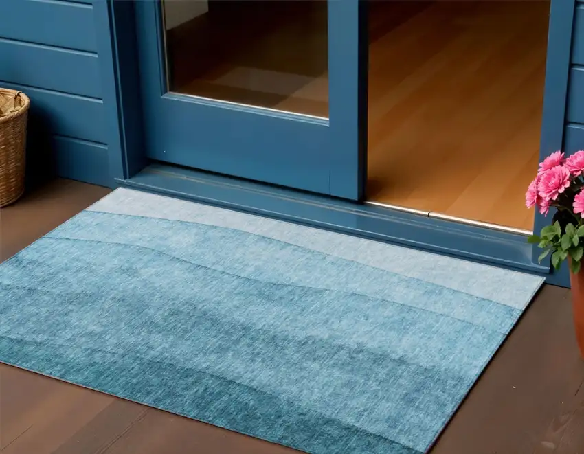 Teal Blue Aqua And Blue Ombre Washable Indoor Outdoor Area Rug Photo 1