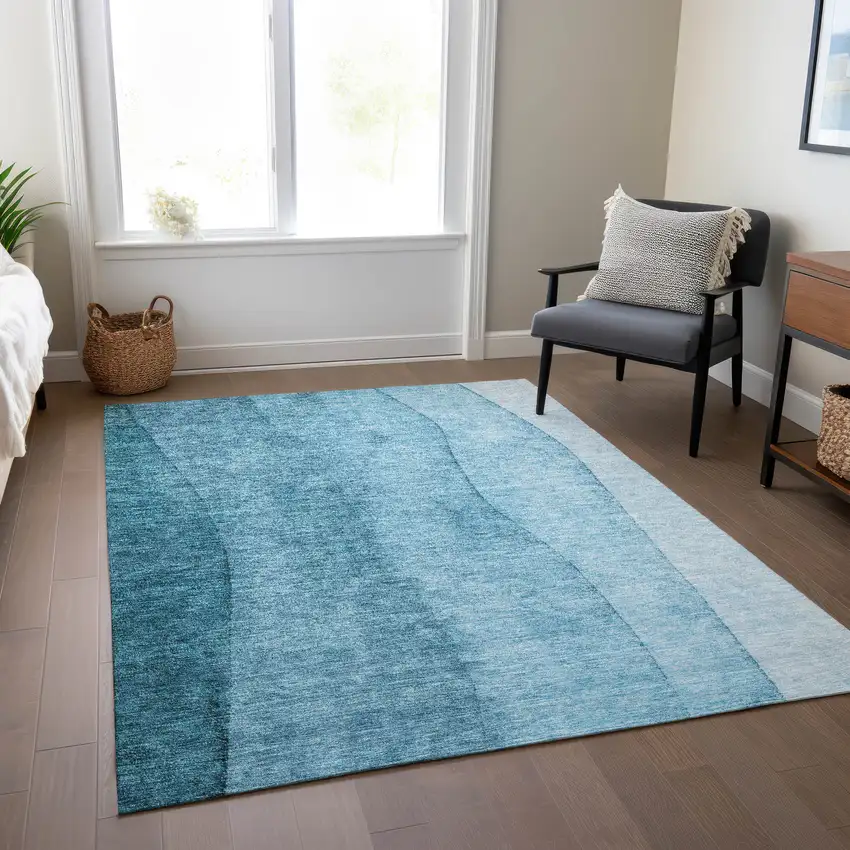 Teal Blue Aqua And Blue Ombre Washable Indoor Outdoor Area Rug Photo 8