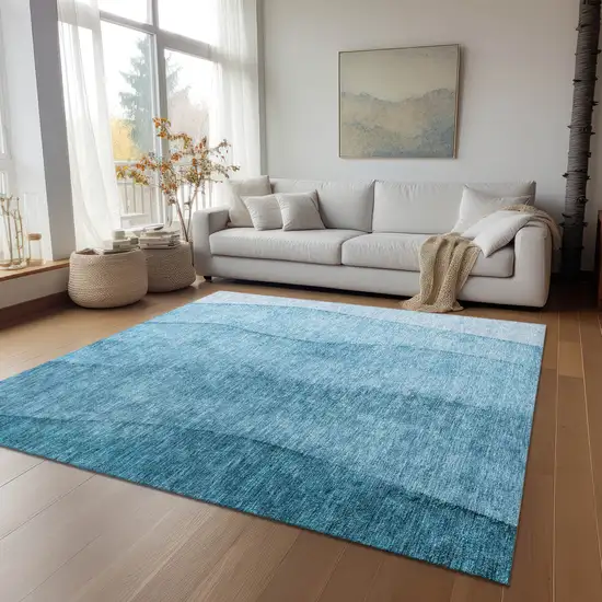 Teal Blue Aqua And Blue Ombre Washable Indoor Outdoor Area Rug Photo 9