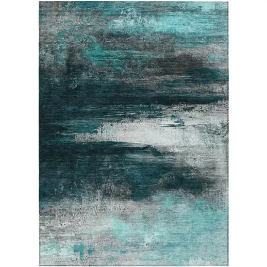 Teal Blue Aqua And Charcoal Abstract Washable Indoor Outdoor Area Rug Photo 3