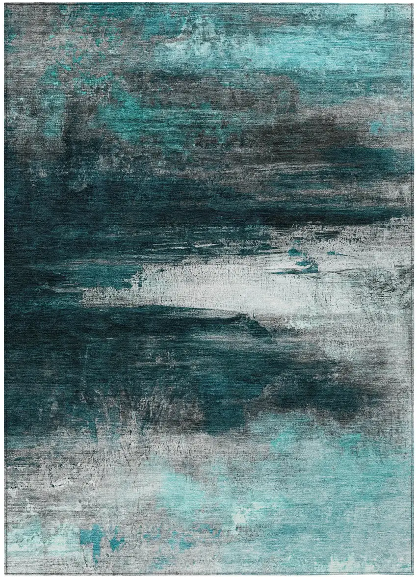 Teal Blue Aqua And Charcoal Abstract Washable Indoor Outdoor Area Rug Photo 3