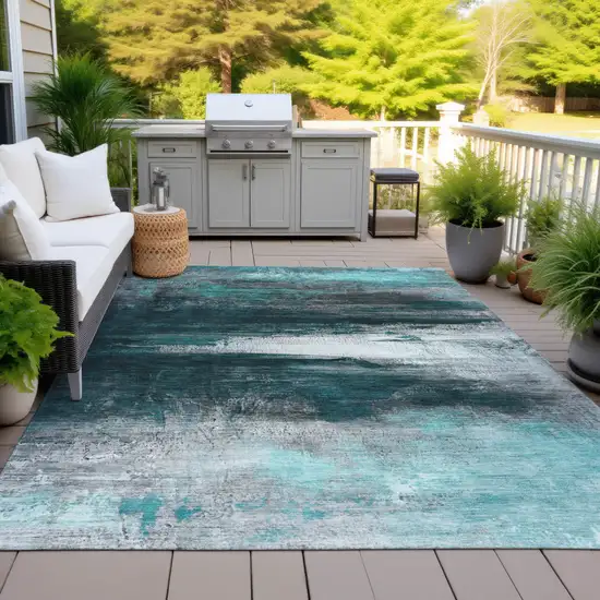 Teal Blue Aqua And Charcoal Abstract Washable Indoor Outdoor Area Rug Photo 4