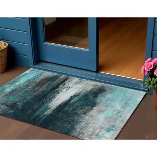 Teal Blue Aqua And Charcoal Abstract Washable Indoor Outdoor Area Rug Photo 2