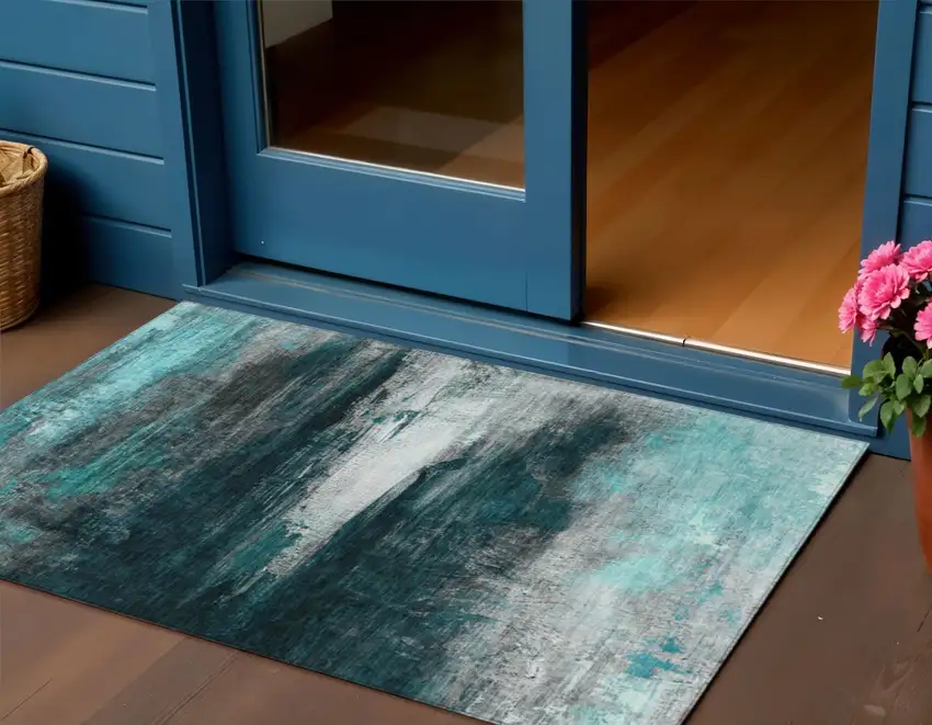 Teal Blue Aqua And Charcoal Abstract Washable Indoor Outdoor Area Rug Photo 2