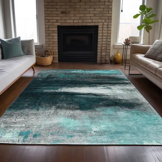 Teal Blue Aqua And Charcoal Abstract Washable Indoor Outdoor Area Rug Photo 6