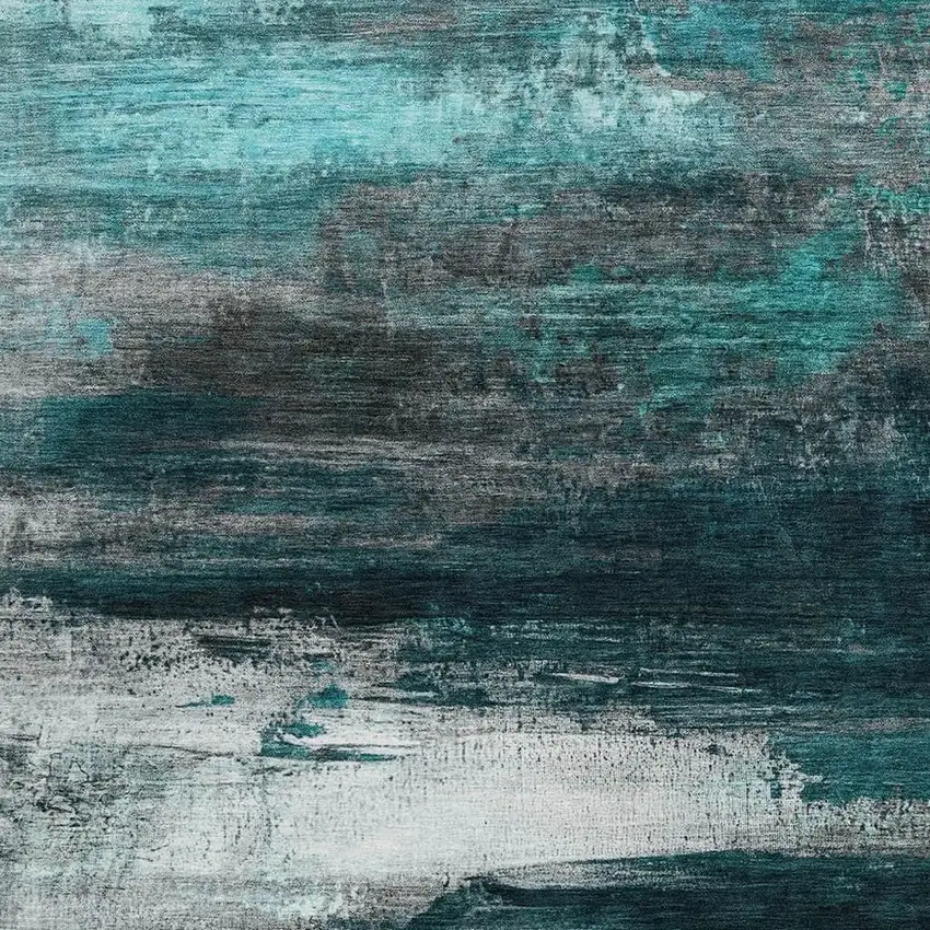 Teal Blue Aqua And Charcoal Abstract Washable Indoor Outdoor Area Rug Photo 3