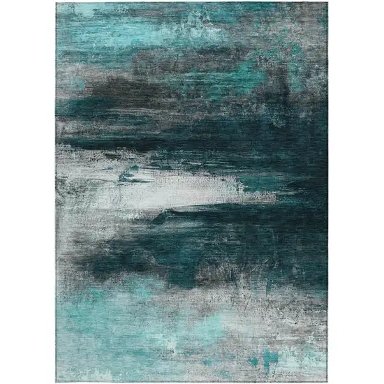 Teal Blue Aqua And Charcoal Abstract Washable Indoor Outdoor Area Rug Photo 1