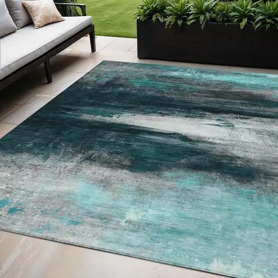 Teal Blue Aqua And Charcoal Abstract Washable Indoor Outdoor Area Rug Photo 2