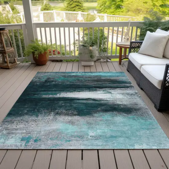Teal Blue Aqua And Charcoal Abstract Washable Indoor Outdoor Area Rug Photo 8