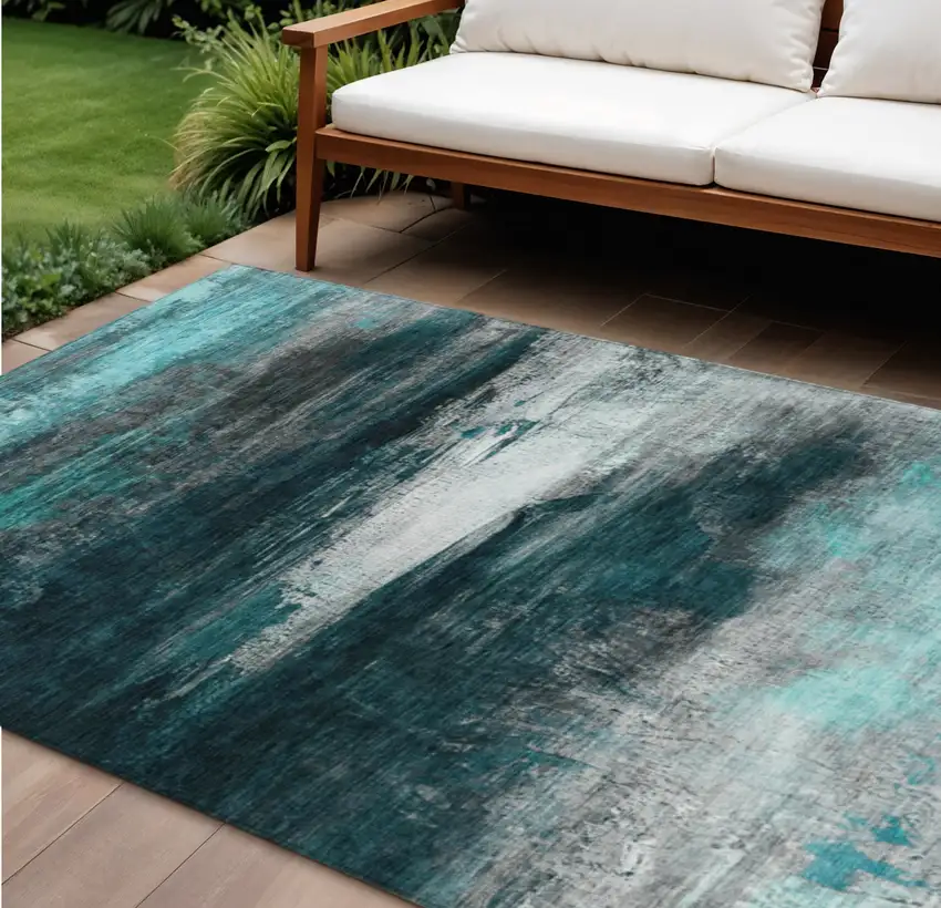 Teal Blue Aqua And Charcoal Abstract Washable Indoor Outdoor Area Rug Photo 2