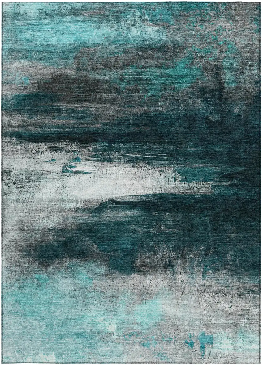 Teal Blue Aqua And Charcoal Abstract Washable Indoor Outdoor Area Rug Photo 4