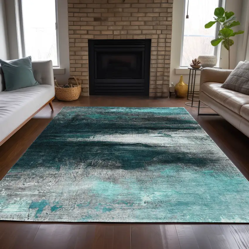Teal Blue Aqua And Charcoal Abstract Washable Indoor Outdoor Area Rug Photo 7