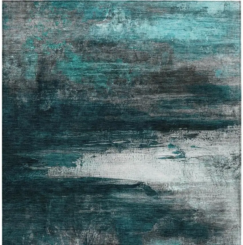 Teal Blue Aqua And Charcoal Abstract Washable Indoor Outdoor Area Rug Photo 9