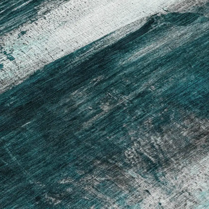 Teal Blue Aqua And Charcoal Abstract Washable Indoor Outdoor Area Rug Photo 9