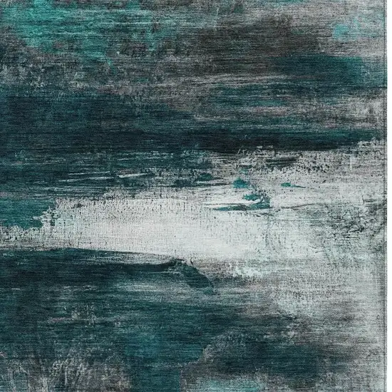 Teal Blue Aqua And Charcoal Abstract Washable Indoor Outdoor Area Rug Photo 7