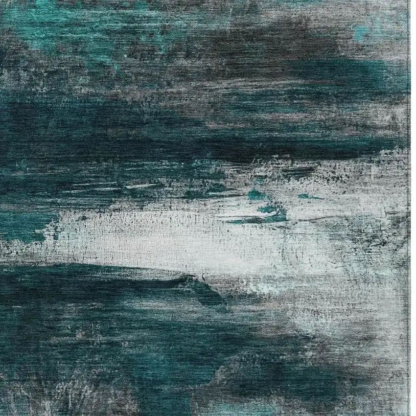 Teal Blue Aqua And Charcoal Abstract Washable Indoor Outdoor Area Rug Photo 7