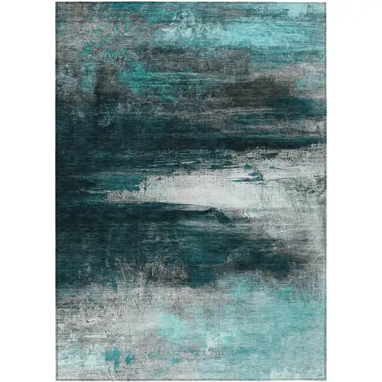 Teal Blue Aqua And Charcoal Abstract Washable Indoor Outdoor Area Rug Photo 1