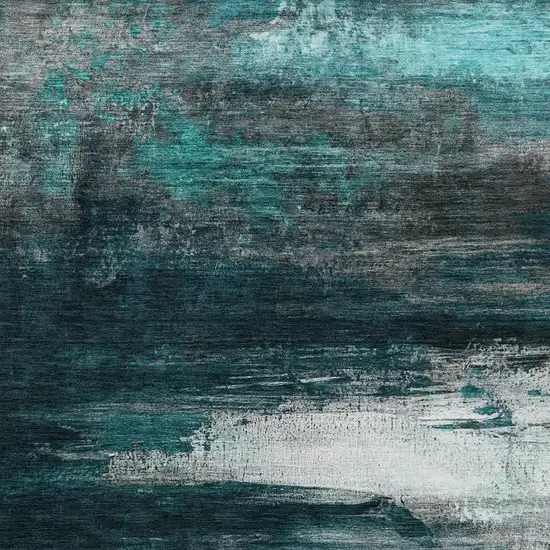 Teal Blue Aqua And Charcoal Abstract Washable Indoor Outdoor Area Rug Photo 3