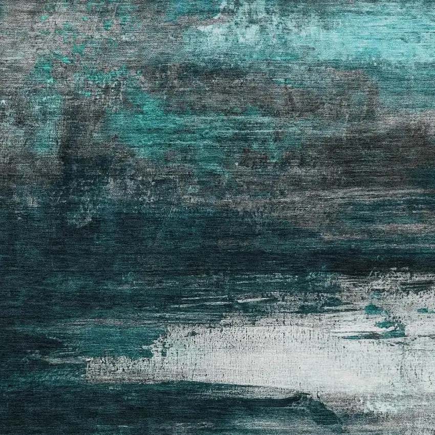 Teal Blue Aqua And Charcoal Abstract Washable Indoor Outdoor Area Rug Photo 3