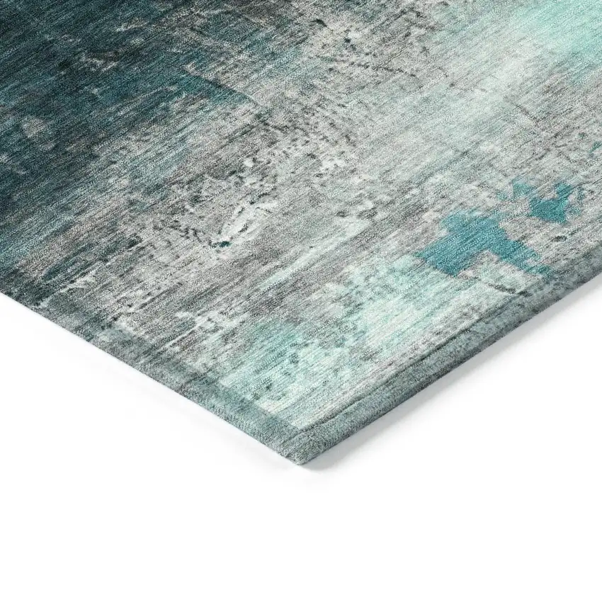 Teal Blue Aqua And Charcoal Abstract Washable Indoor Outdoor Area Rug Photo 6
