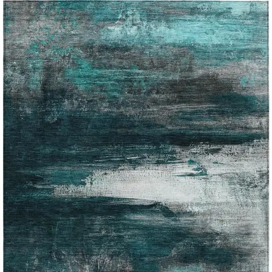 Teal Blue Aqua And Charcoal Abstract Washable Indoor Outdoor Area Rug Photo 4