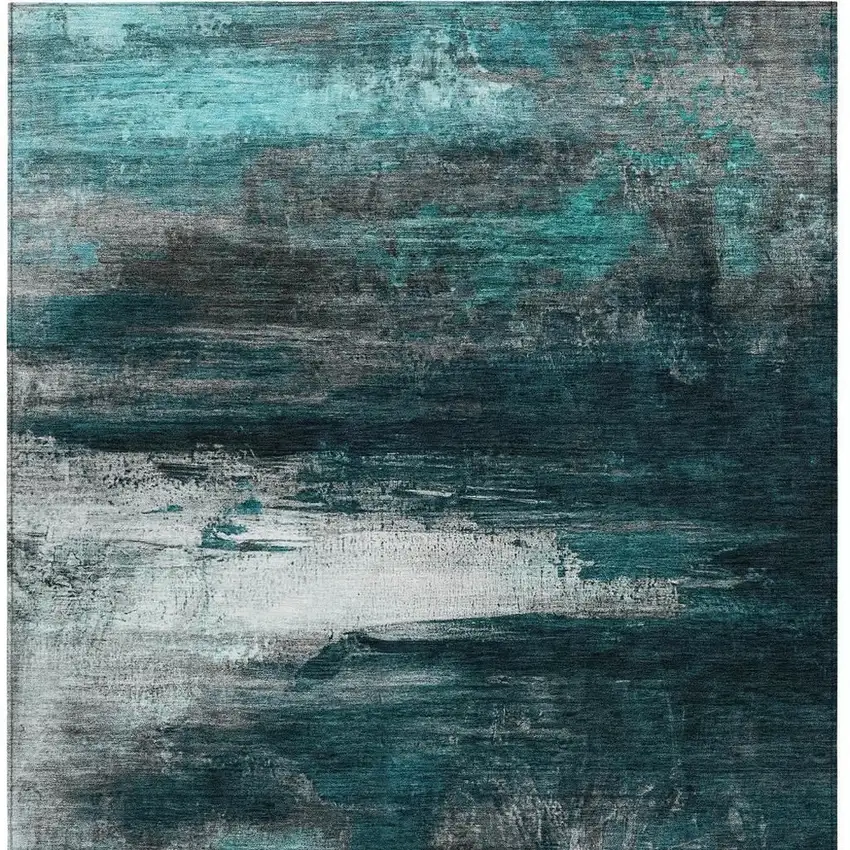 Teal Blue Aqua And Charcoal Abstract Washable Indoor Outdoor Area Rug Photo 3