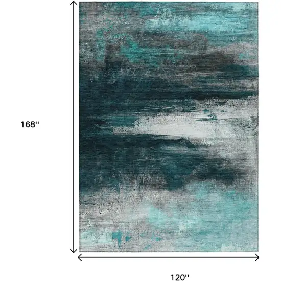 Teal Blue Aqua And Charcoal Abstract Washable Indoor Outdoor Area Rug Photo 9