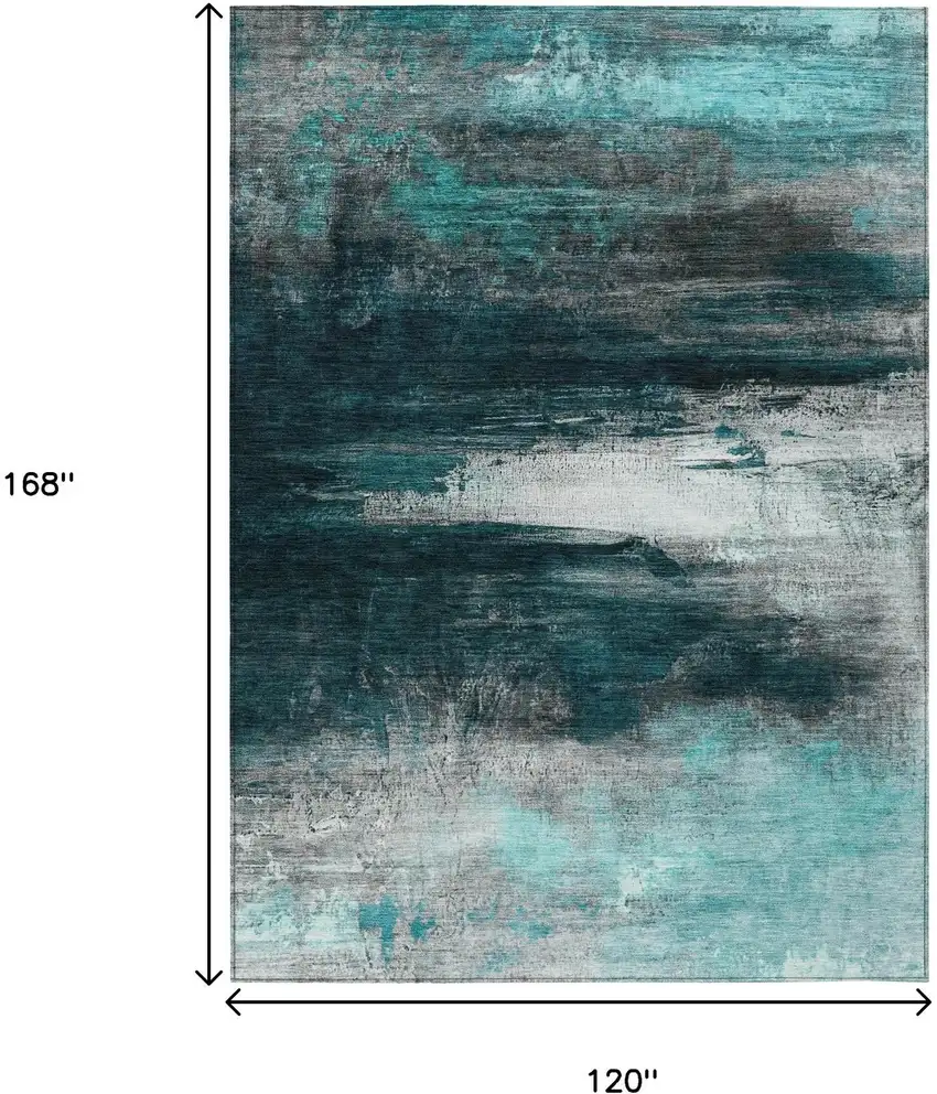 Teal Blue Aqua And Charcoal Abstract Washable Indoor Outdoor Area Rug Photo 9