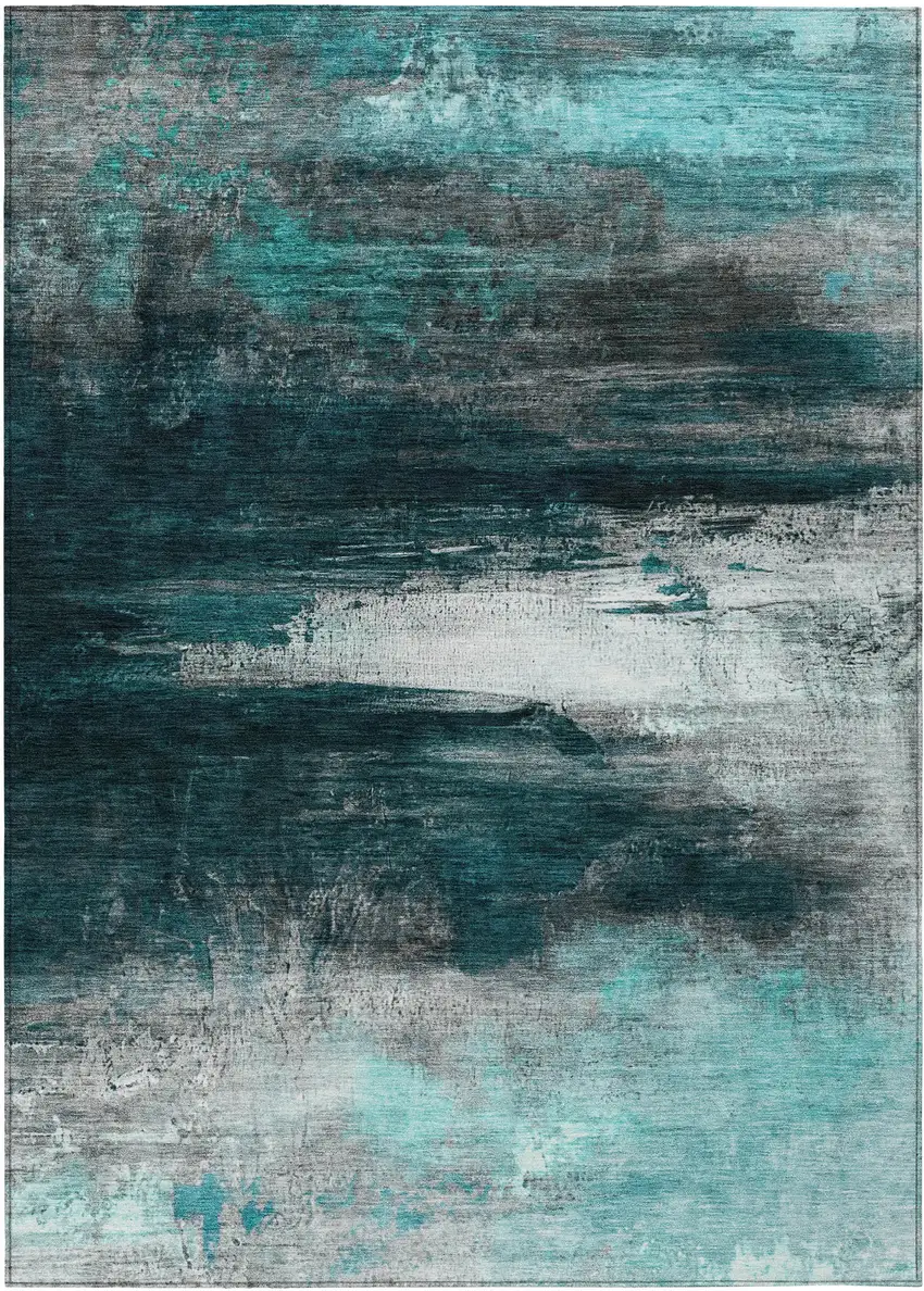 Teal Blue Aqua And Charcoal Abstract Washable Indoor Outdoor Area Rug Photo 8