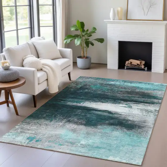 Teal Blue Aqua And Charcoal Abstract Washable Indoor Outdoor Area Rug Photo 5