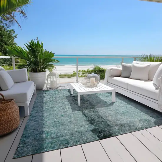 Teal Blue Aqua And Charcoal Abstract Washable Indoor Outdoor Area Rug Photo 9