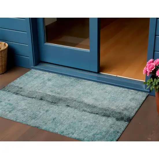 Teal Blue Aqua And Charcoal Abstract Washable Indoor Outdoor Area Rug Photo 1