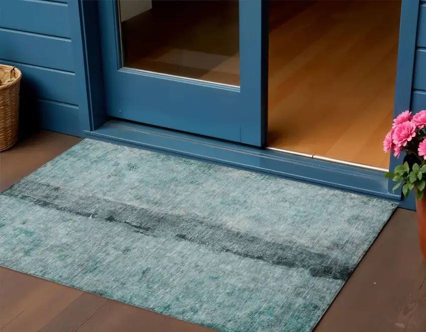 Teal Blue Aqua And Charcoal Abstract Washable Indoor Outdoor Area Rug Photo 1