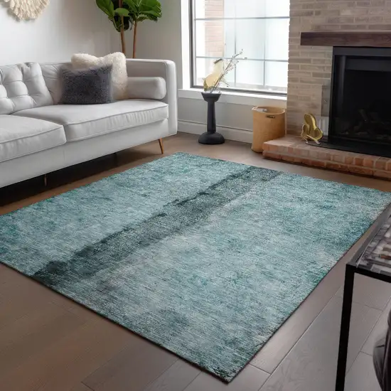 Teal Blue Aqua And Charcoal Abstract Washable Indoor Outdoor Area Rug Photo 9
