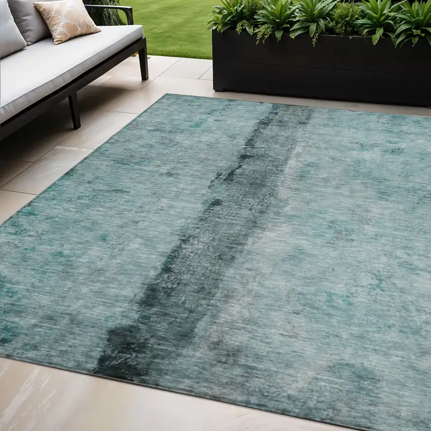 Teal Blue Aqua And Charcoal Abstract Washable Indoor Outdoor Area Rug Photo 1